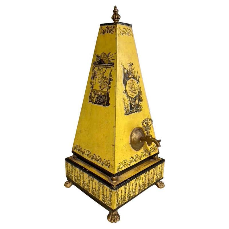 Italian Yellow Tole Obelisk Urn with Paw Feet Italian Yellow Tole Obelisk Urn with Paw Feet