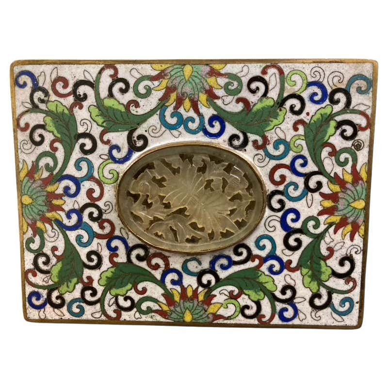 Chinese Cloisonne Box with Carved Jade Inset Medallion