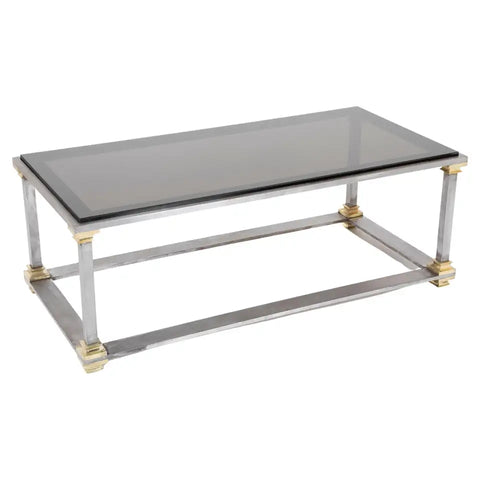 Maison Jansen Style Steel & Brass Glass Top Coffee Table