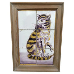 18th Century Dutch Tile Painting of a Cat with Mouse