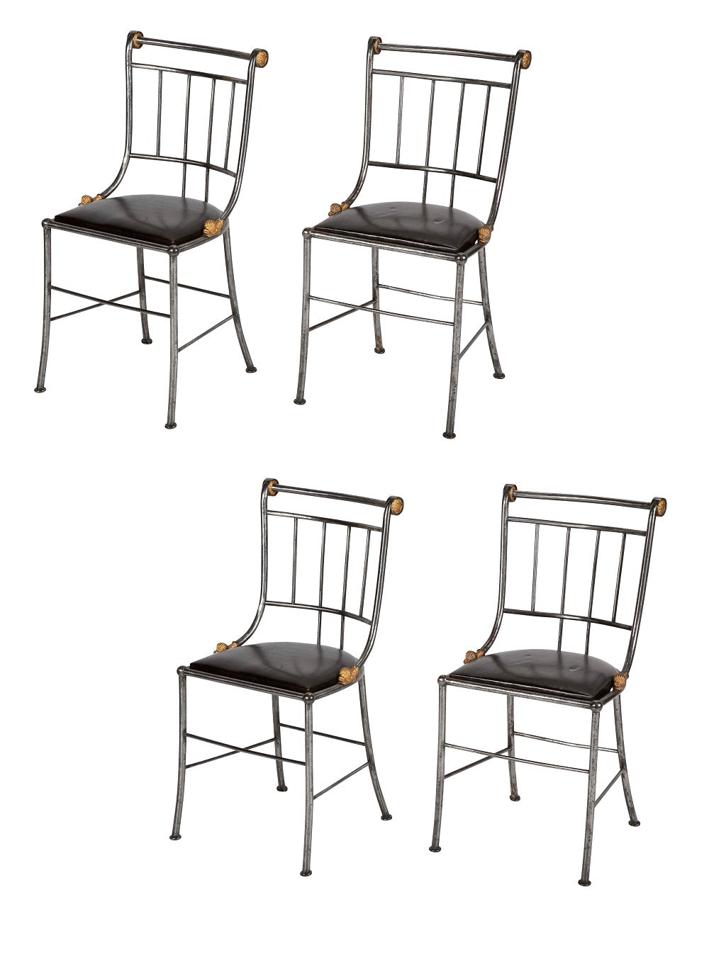 Set of Four Distinctive French Steel & Parcel Gilt Metal Side Chairs