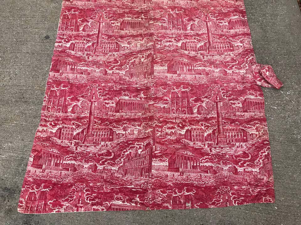 French Toile de Jouy Red and White Textile, Monuments of Paris