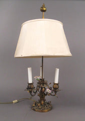 Bronze Bouillotte Lamp with Porcelain Flowers