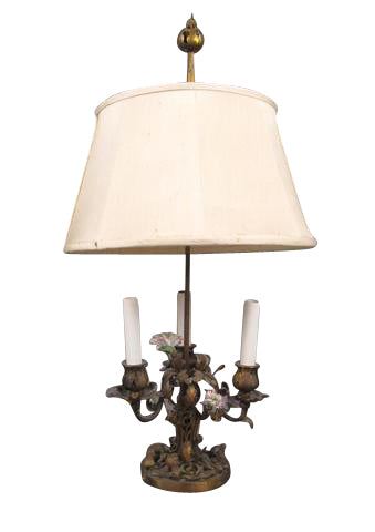 Bronze Bouillotte Lamp with Porcelain Flowers