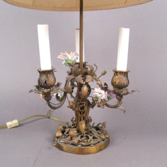 Bronze Bouillotte Lamp with Porcelain Flowers