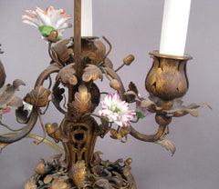 Bronze Bouillotte Lamp with Porcelain Flowers