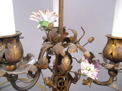Bronze Bouillotte Lamp with Porcelain Flowers