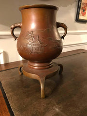 Japanese Bronze Vase on Tripod Base, Signed