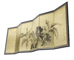 Japanese Silk and Paper Screen 6-Panel