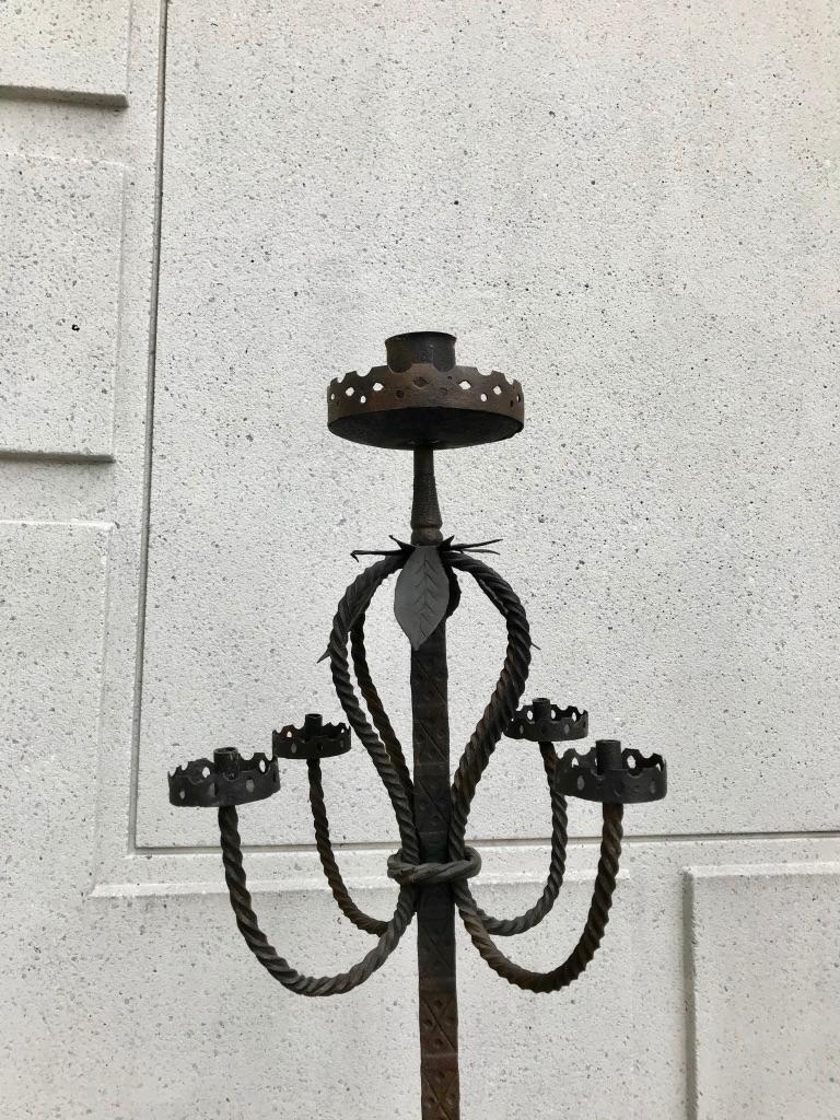 Pair of Italian Baroque Wrought Iron Five Light Candelabra